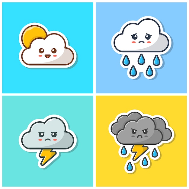 Cute Cloud Emoticon Collection Icon. Kawaii Cloud Emoticon Sticker, icono del tiempo aislado