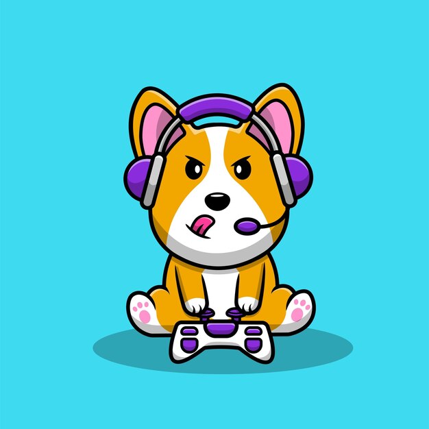Cute Corgi Dog Gaming Cartoon Vector Icono Ilustración