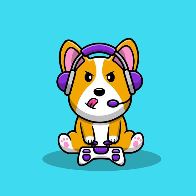 Cute corgi dog gaming cartoon vector icono ilustración