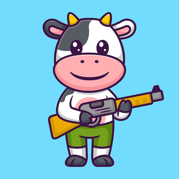 Cute cow soldier holding weapon en cartoon animal vector illustration flat style concept