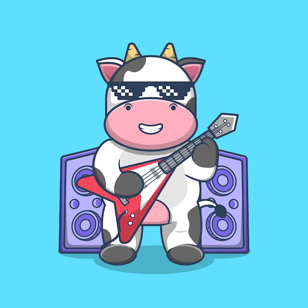 Cute Cow Tocando Guitarra Cartoon Premium Vector.