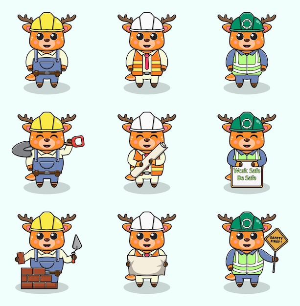 Cute deer ingenieros trabajadores constructores personajes aislados ilustración de dibujos animados