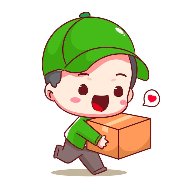 Cute Deliveryman Express Delivery Cartoon Vector Man Courier con uniforme y sombrero entregando