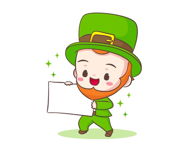 Cute dibujos animados adorable leprechaun con tablero vacío. personaje chibi dibujado a mano.