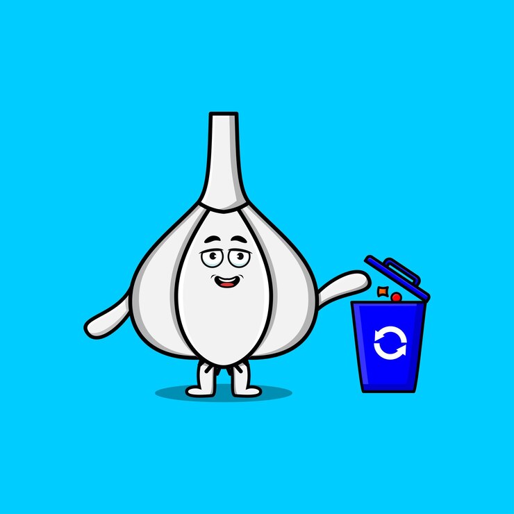 Vector cute dibujos animados ajo tirando basura a la basura en una ilustración de diseño de estilo plano moderno