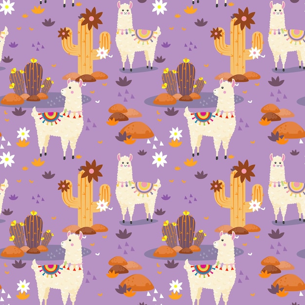Cute dibujos animados Alpacas flores y cactus Patrón sin fisuras Perú paisaje