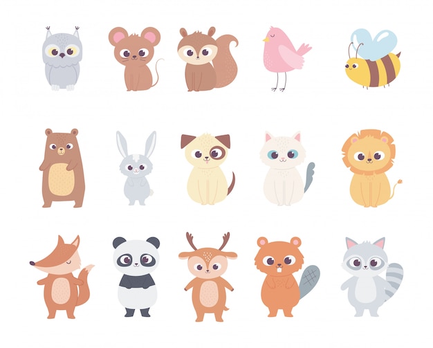 Cute dibujos animados animales pequeños personajes búho ratón ardilla ciervo pájaro abeja oso gato perro león