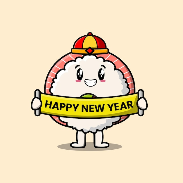 Cute dibujos animados arroz sushi rollos sashimi personaje chino con feliz año nuevo tablero ilustración