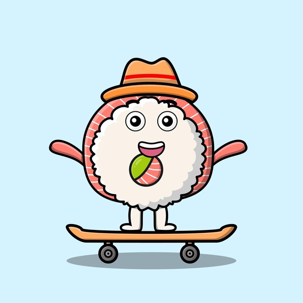 Cute dibujos animados arroz sushi rollos sashimi de pie en monopatín con estilo de ilustración de vector de dibujos animados