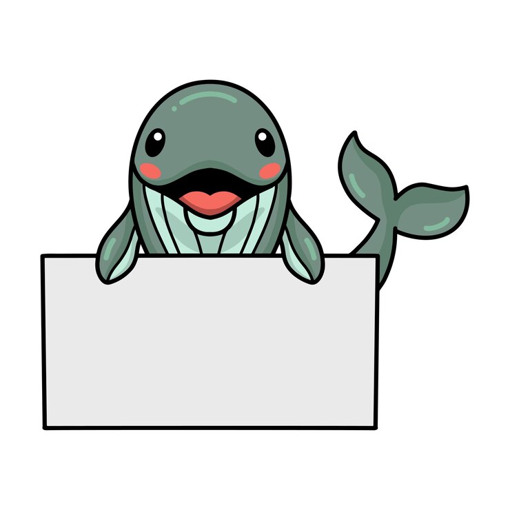 Cute dibujos animados de ballena pequeña con signo en blanco