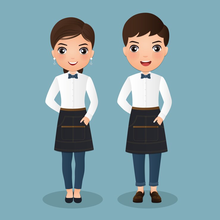 Vector cute dibujos animados barista mujeres y hombre en delantal sonriendo.