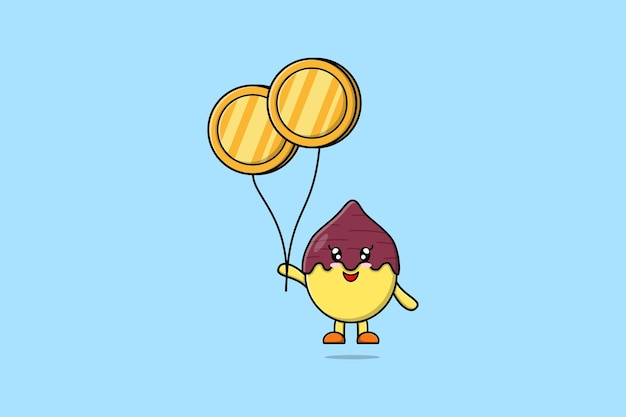 Cute dibujos animados batata flotando con moneda de oro