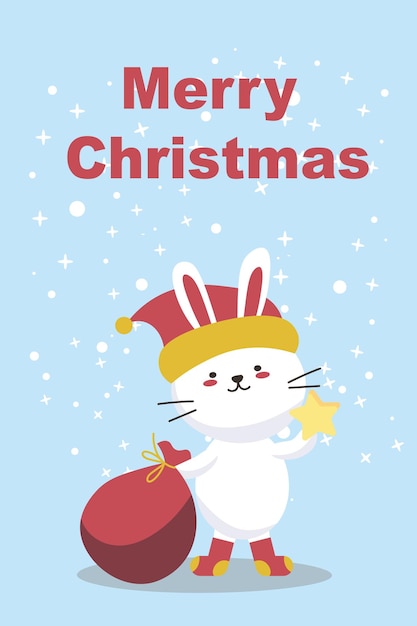 Cute dibujos animados bebé conejo en sombrero de Santa con estrella Navidad Vector ilustración de animal en el fondo azul con copos de nieve EPS Año Nuevo y Feliz Navidad