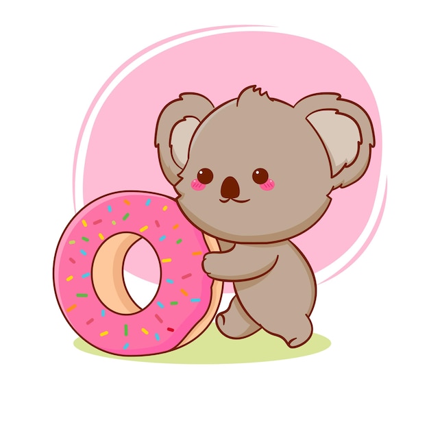 Cute dibujos animados bebé koala comiendo donut Ilustración de diseño de mascota dibujada a mano