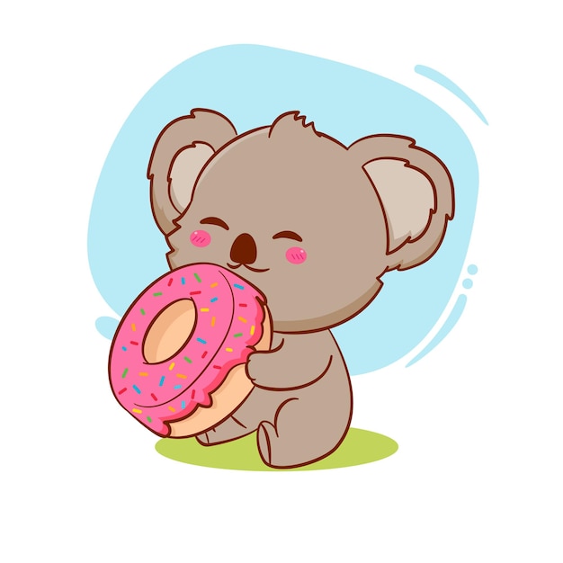 Cute dibujos animados bebé koala comiendo donut ilustración de diseño de mascota dibujada a mano