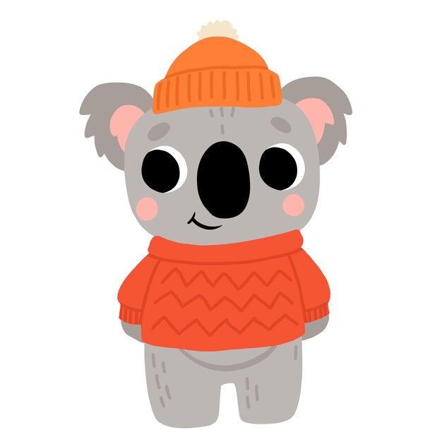 Cute dibujos animados bebé koala en suéter y sombrero sonriendo Ilustración de invierno de vector aislado para libro infantil