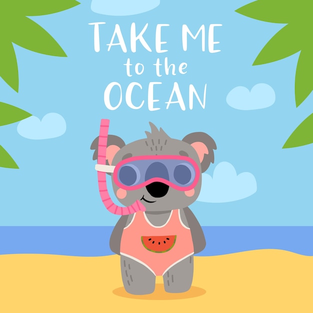 Cute dibujos animados bebé koala en traje de baño y máscara submarina sonriendo en la playa Ilustración de vector de verano para camiseta de póster de libro infantil