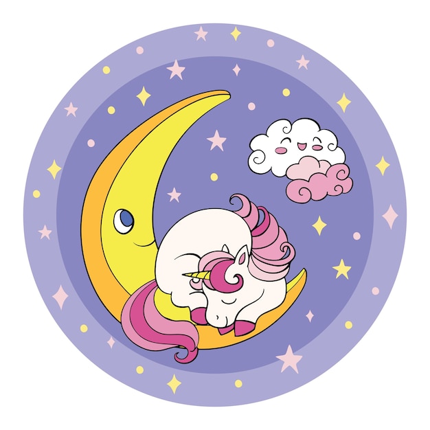 Cute dibujos animados bebé unicornio durmiendo en una luna