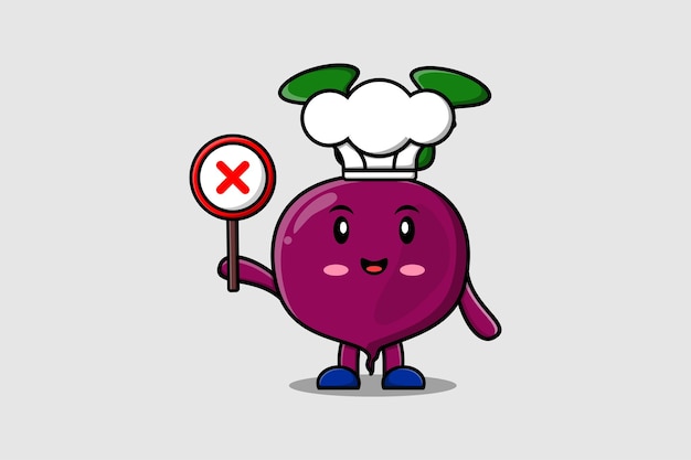 Cute dibujos animados Beetroot chef sosteniendo un cartel equivocado en la ilustración de carácter vectorial