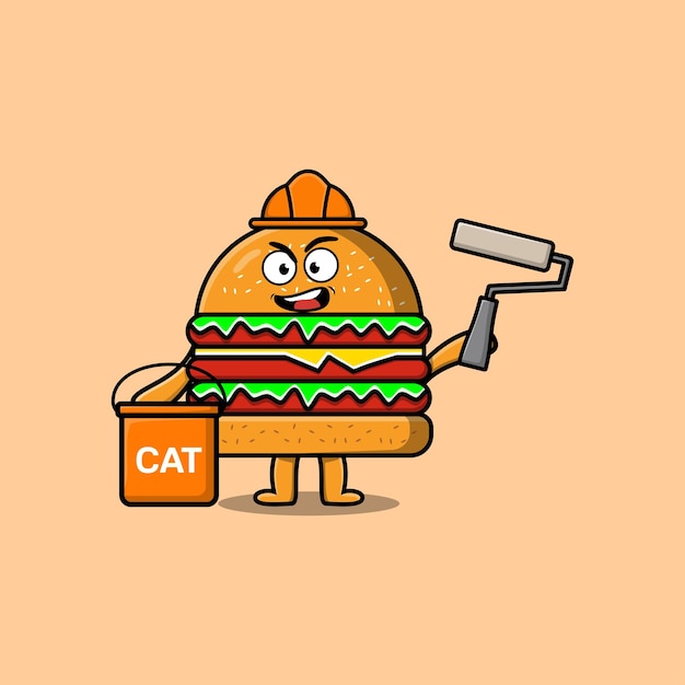 Cute dibujos animados Burger como un personaje constructor pintando en una ilustración de diseño de estilo plano moderno