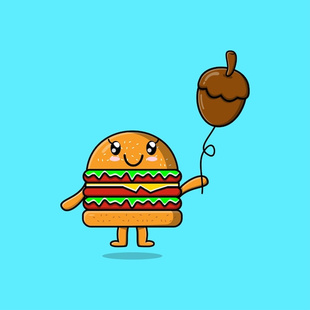 Cute dibujos animados Burger flotando con ilustración de vector de dibujos animados de globo de bellota