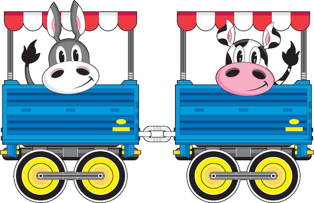 Cute dibujos animados burro y vaca en tren vagón granja animal ilustración