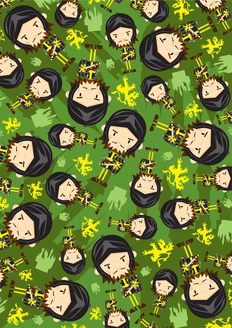 Vector cute dibujos animados cabeza grande valiente caballero medieval con patrón de historia de espada y escudo
