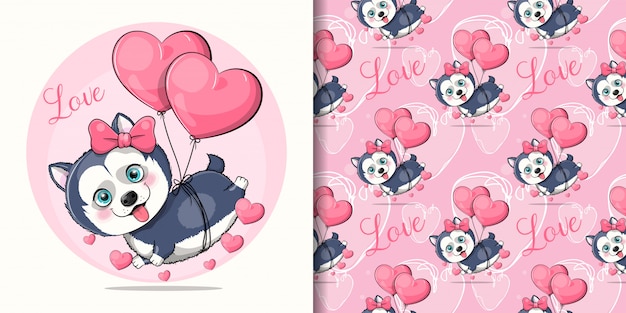 Cute dibujos animados cachorro husky volando con globos de corazón