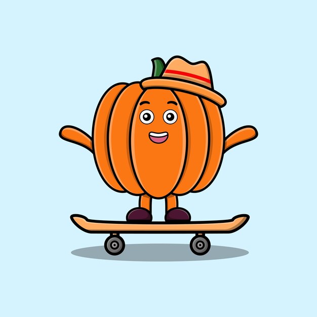 Cute dibujos animados Calabaza de pie en monopatín con estilo de ilustración vectorial de dibujos animados