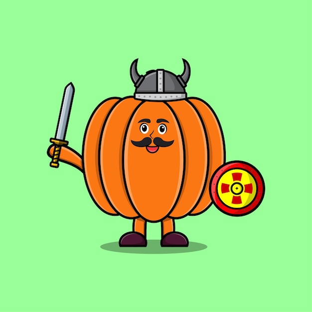 Cute dibujos animados calabaza vikingo pirata sosteniendo espada