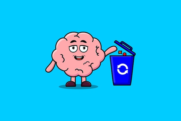 Cute dibujos animados cerebro tirando basura a la basura en la ilustración de diseño de estilo plano moderno