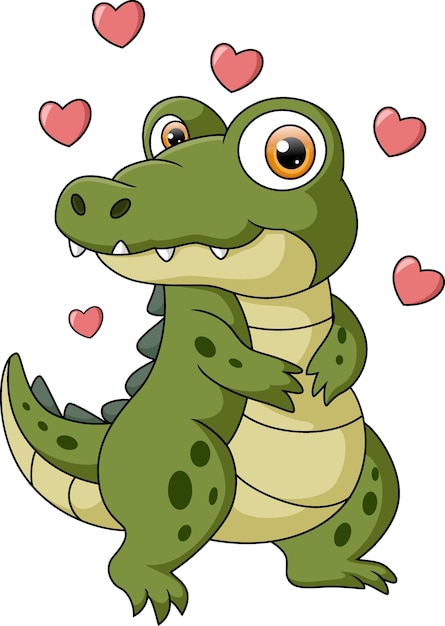Cute dibujos animados de cocodrilo bebé con corazones rojos