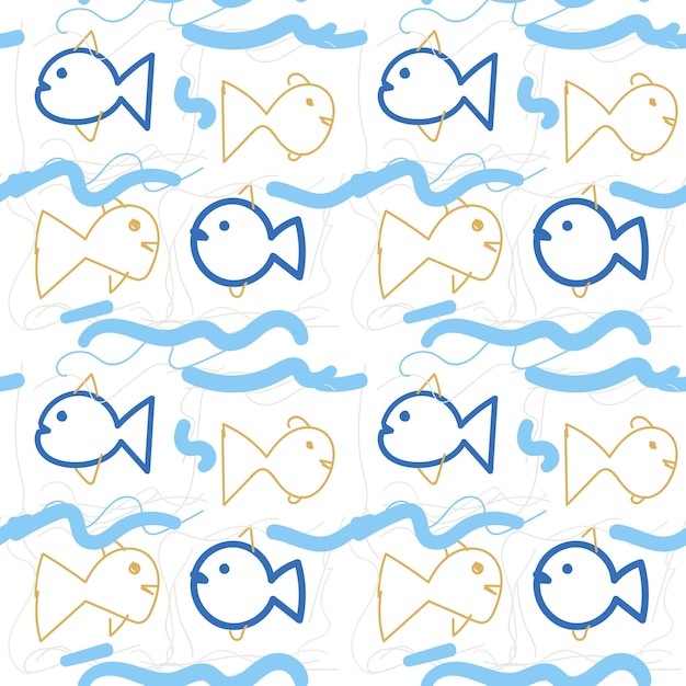 Cute dibujos animados coloridos garabatos peces en patrones sin fisuras de estilo infantil. Vida oceánica tropical.