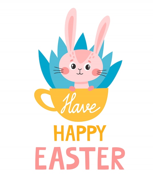 Cute dibujos animados conejo rosa en copa y letras para pascua