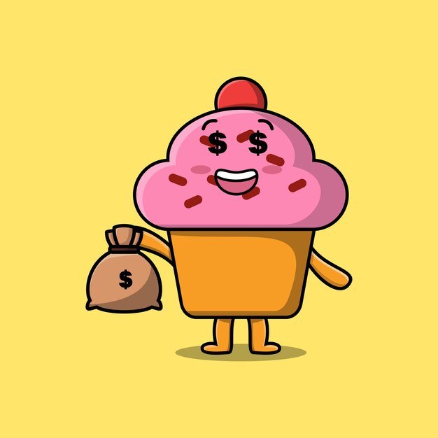 Cute dibujos animados Crazy rich Cupcake con bolsa de dinero en forma divertida en la ilustración de diseño moderno