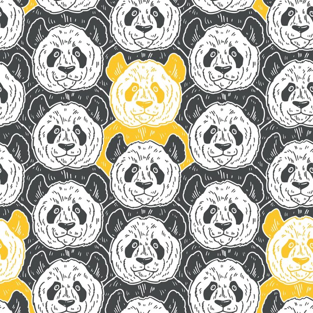 Vector cute dibujos animados divertidos panda de patrones sin fisuras vector ilustración dibujado a mano en líneas fondo de doodle de moda