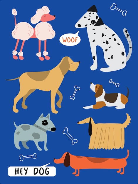 Vector cute dibujos animados divertidos perros vector cachorro mascota personajes diferentes panes doggy ilustración furry humanos amigos hogar animales eps