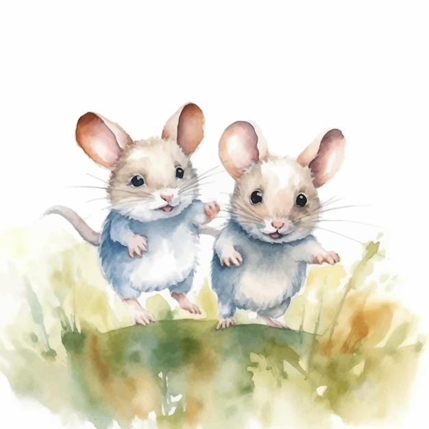 Cute dibujos animados de dos ratones en estilo de pintura de acuarela