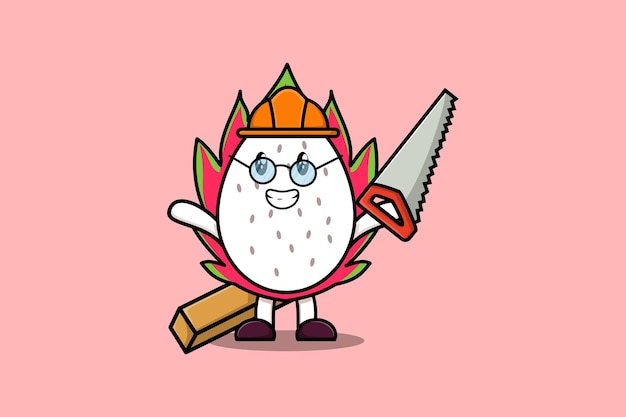 Cute dibujos animados Dragon fruit como personaje carpintero con sierra y madera en un diseño de estilo plano moderno