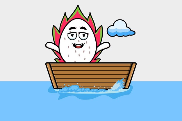 Cute dibujos animados Dragon fruit subirse al barco en la ilustración de carácter vectorial