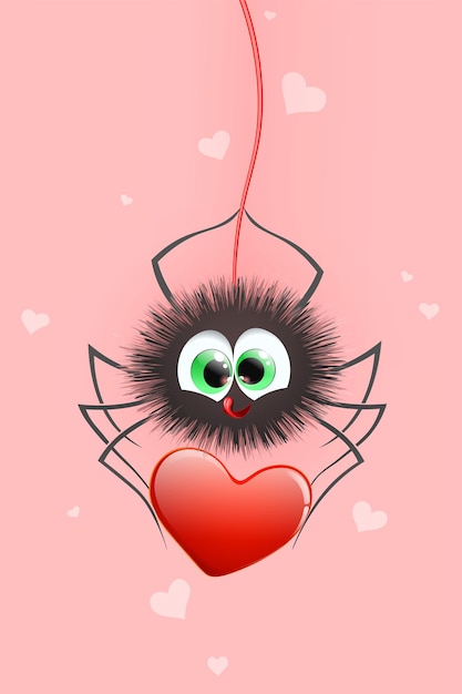 Cute dibujos animados esponjosa pequeña araña enamorada, colgando de una telaraña roja, sosteniendo un corazón rojo