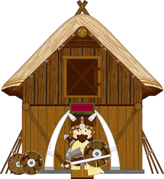 Cute dibujos animados feroz guerrero vikingo con espada en Homestead Historia nórdica Ilustración