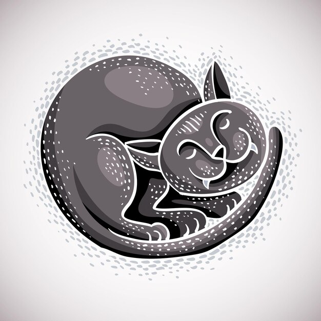 Cute dibujos animados garabato gris gato vector ilustración, agradable mascota durmiendo cómodo.