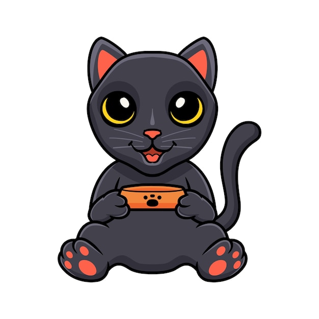 Cute dibujos animados de gato bombay con plato de comida