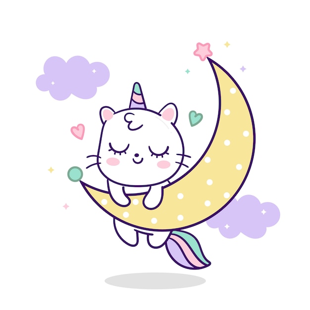 Cute dibujos animados de gato unicornio en luna