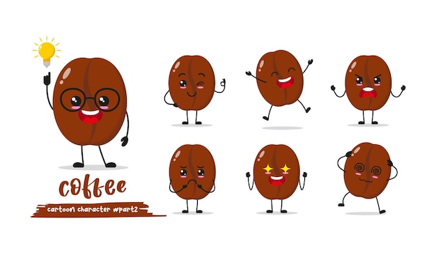 Cute dibujos animados de granos de café con muchas expresiones hongos actividad diferente plantean diseño plano