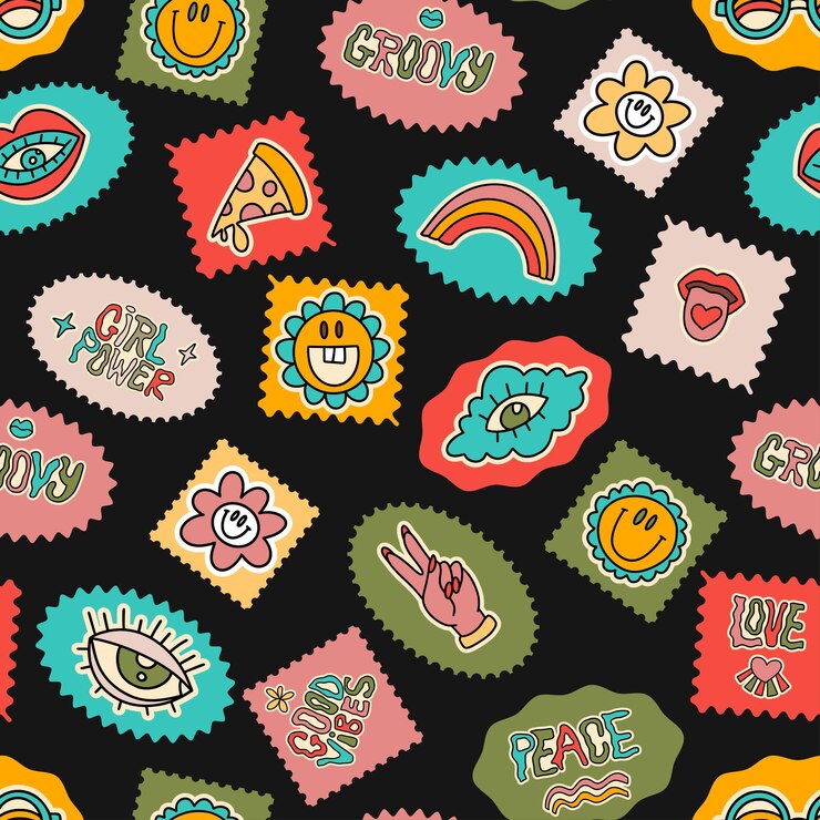 Vector cute dibujos animados groovy pizza arco iris, ojo, flor pegatina vector patrón sin costuras. retro hippie