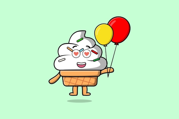 Cute dibujos animados Helado flotando con globo dibujos animados vector ilustración concepto plano estilo de dibujos animados