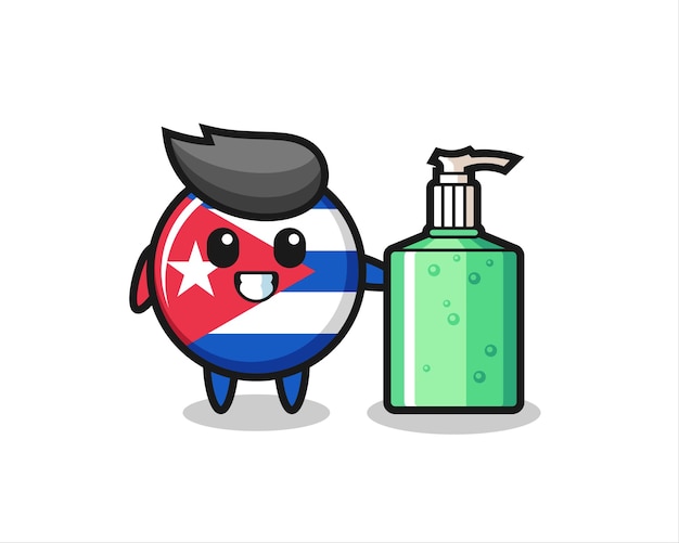 Cute dibujos animados de la insignia de la bandera de cuba con desinfectante de manos, diseño de estilo lindo para camiseta, pegatina, elemento de logotipo