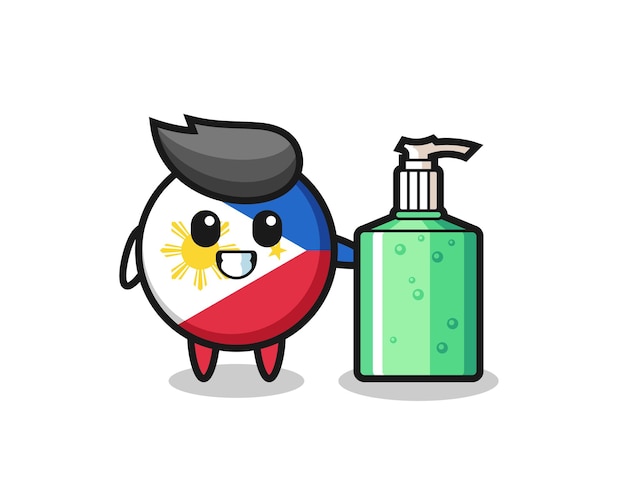 Cute dibujos animados de la insignia de la bandera de filipinas con desinfectante de manos, diseño de estilo lindo para camiseta, pegatina, elemento de logotipo